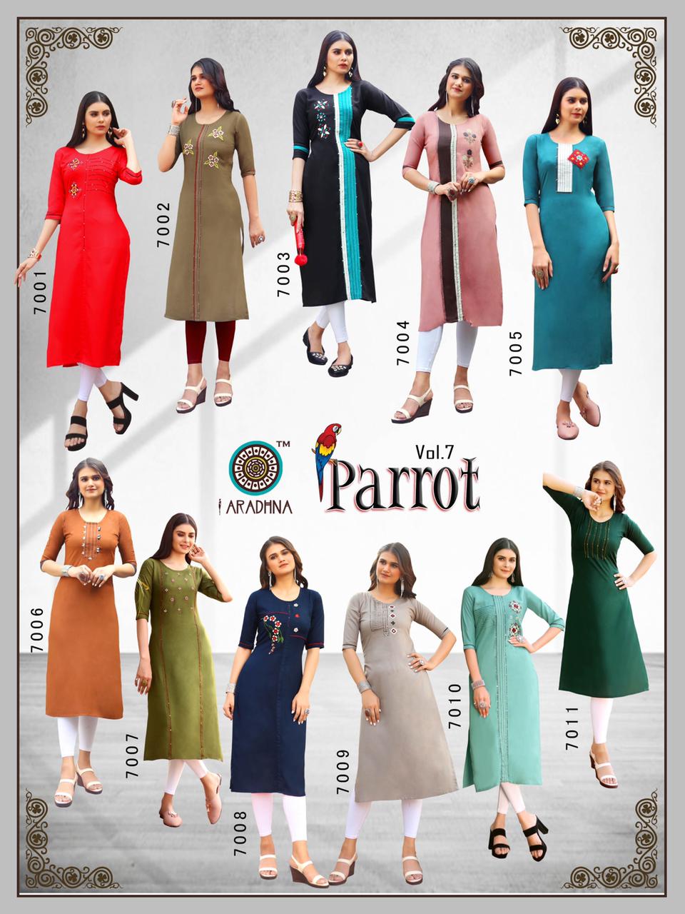 Aradhna Parrot 7 Latest Designer Fancy Party Wear Embroidery And Manual  Work Kurti Collection